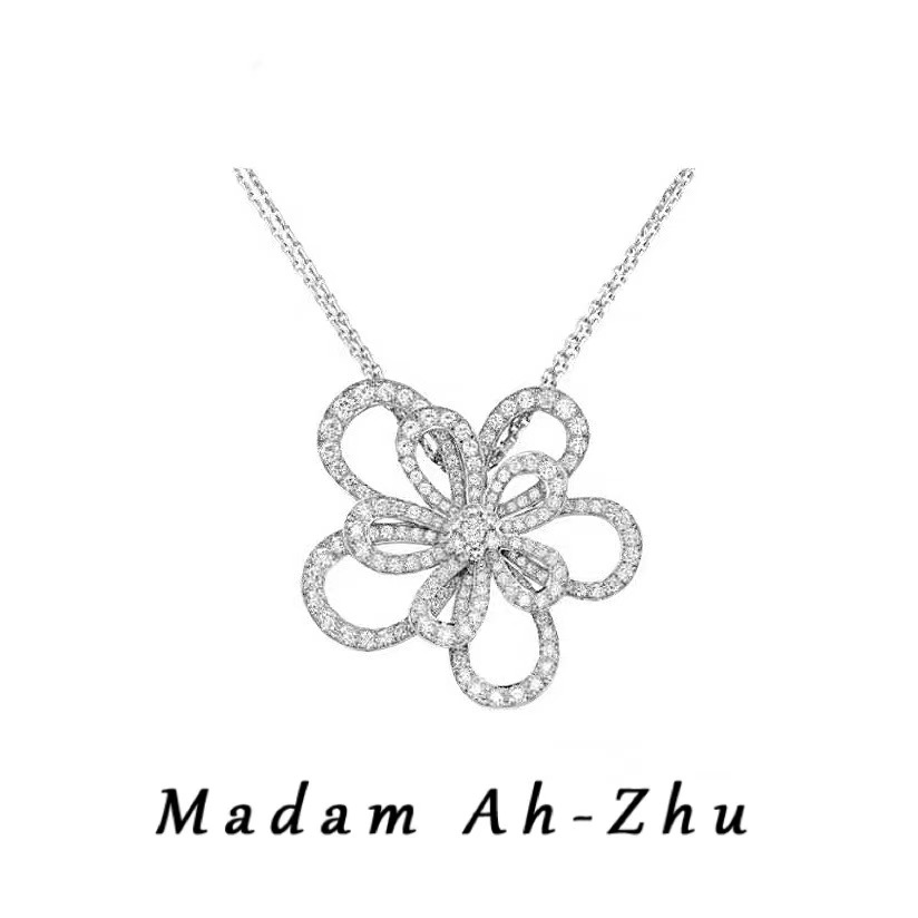 合金合成锆石吊坠 新款 双层太阳花高定高奢高版本豪镶满钻项链