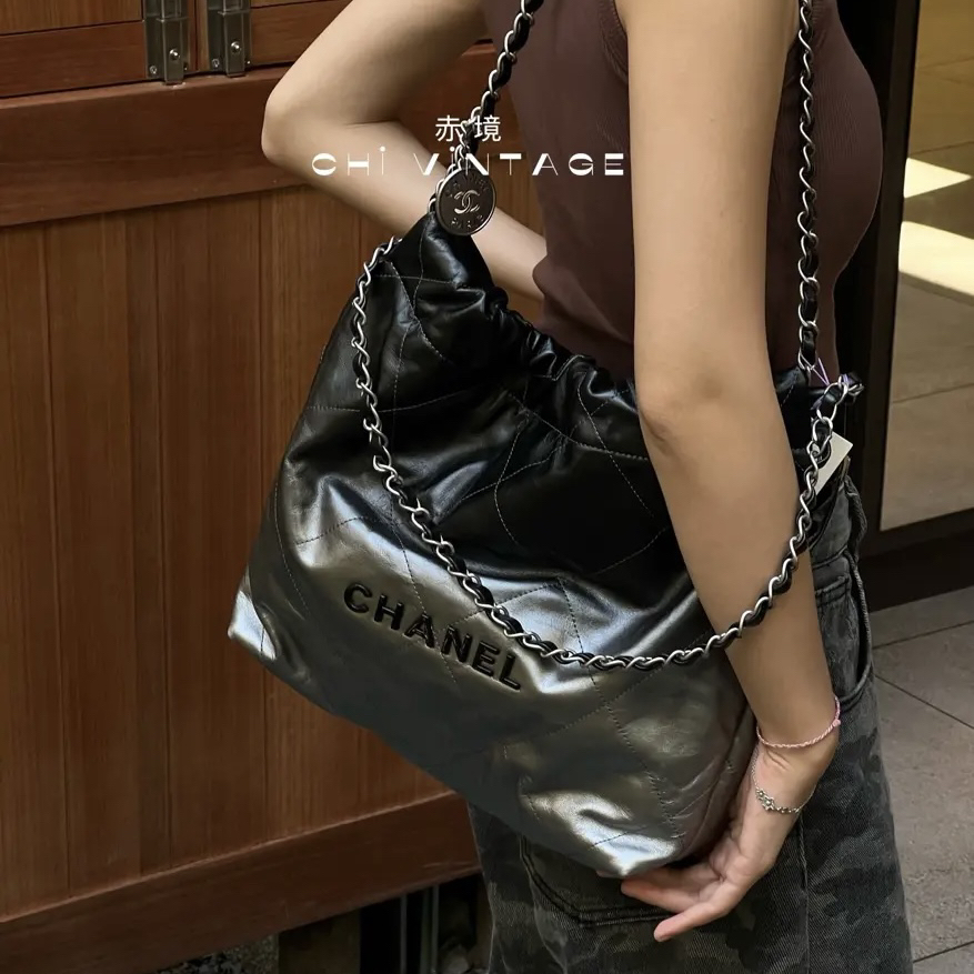 99新 Chanel/香奈儿 2637 黑银渐变22bag垃圾袋单肩包中号