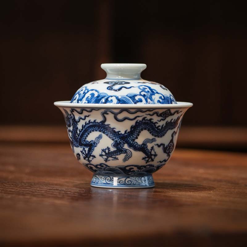 青花海水龙纹盖碗茶具陶瓷纯手工茶道主人杯