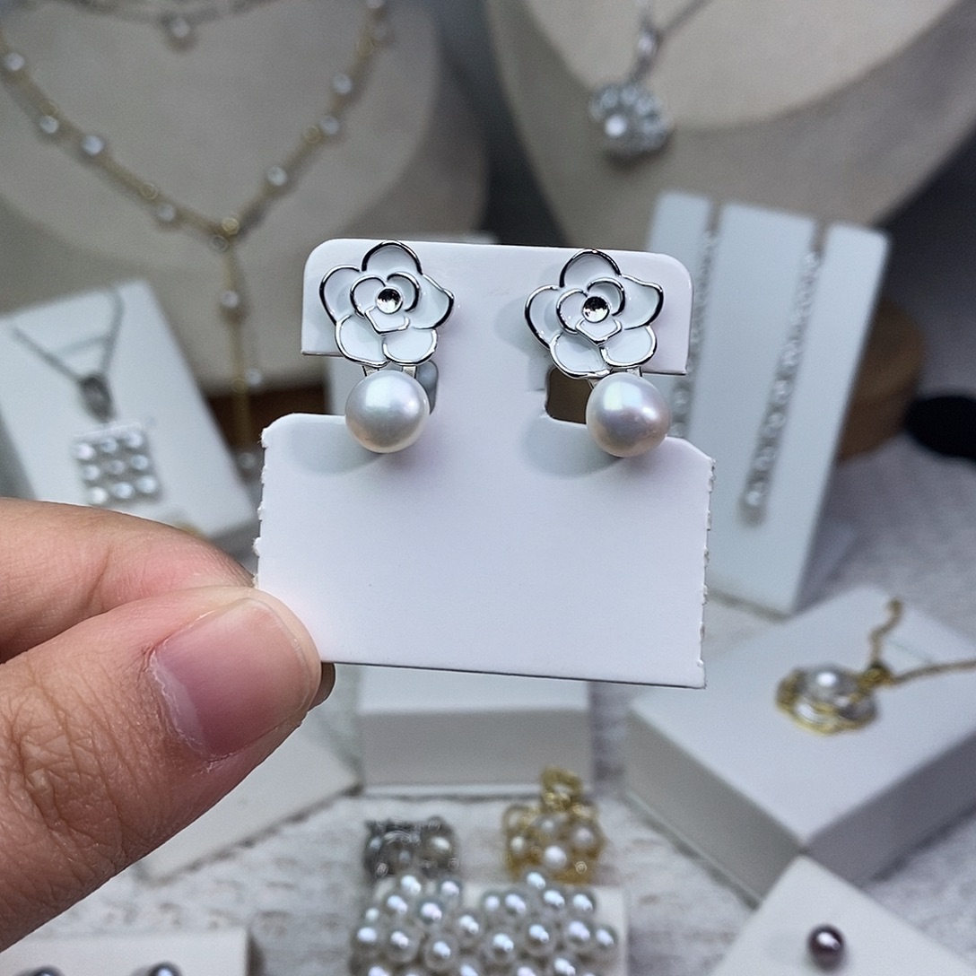 耳饰银S925镶嵌淡水珍珠