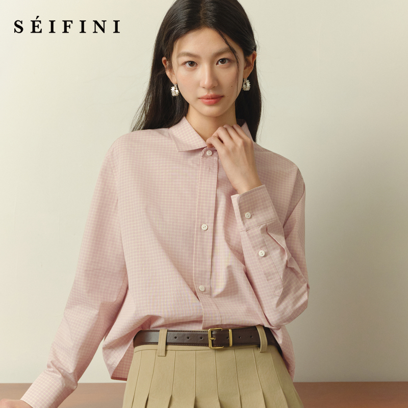 诗凡黎Miu系小格纹通勤衬衫2026春休闲学院绣花长袖上衣7HC420211