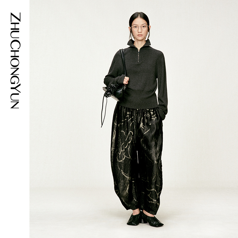 【山羊绒混纺】ZHUCHONGYUN2026春新款半拉链毛针织衫C1GB1712M