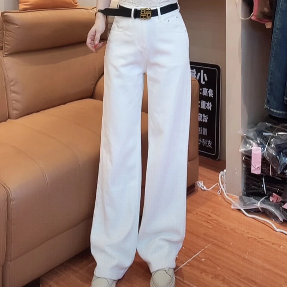 小敏家，秋冬新款中高腰白色窄版直筒裤牛仔裤显瘦百搭时尚
