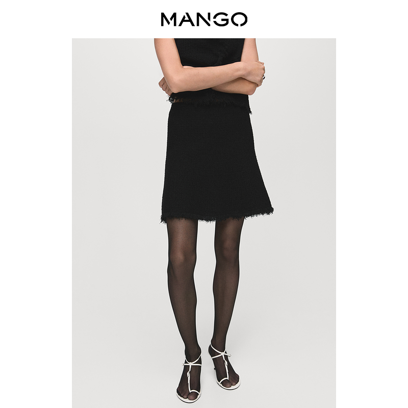 MANGO女装半身裙2025秋装新款时尚棉质流苏边粗花呢A字修身短裙