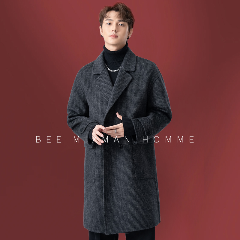 双排扣新款双面呢大衣男士中长款宽松韩系格子休闲羊毛呢子外套男