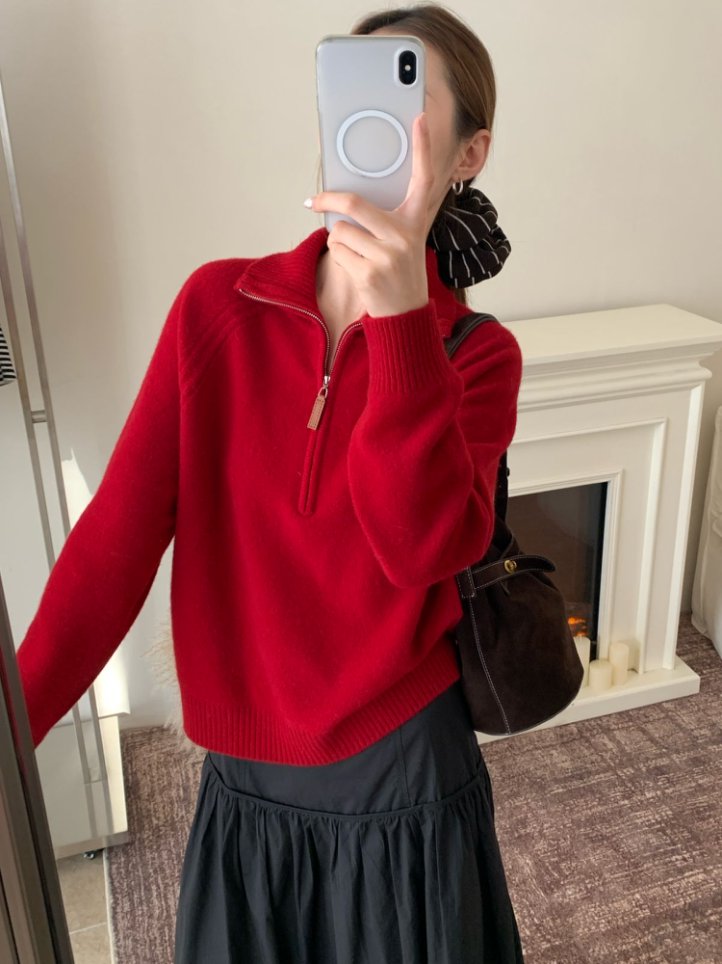 【潘潘.608875】2025新款秋冬100全羊毛针织半开领翻领针织长袖毛衣