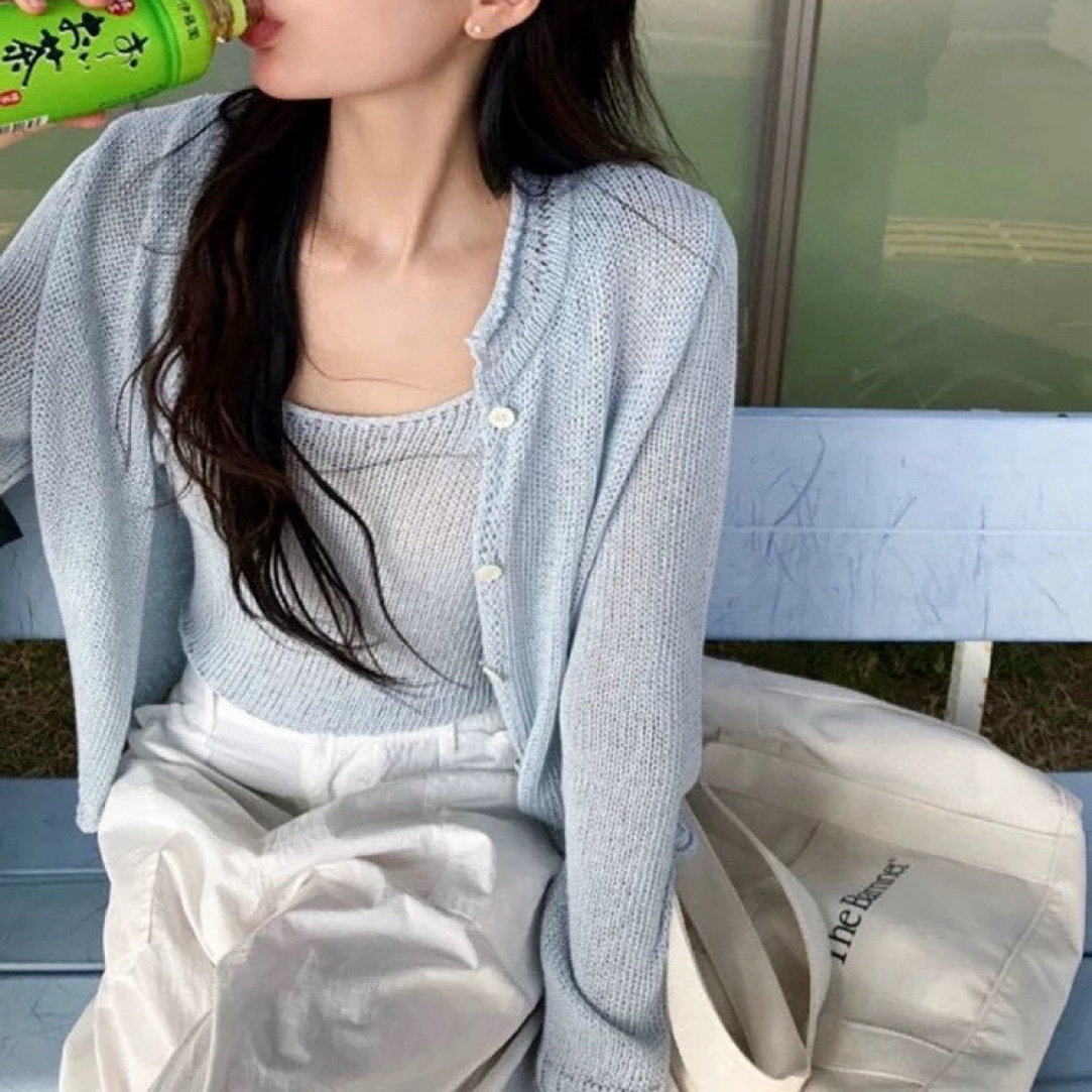 【八家两件套】H韩风冰川蓝针织两件套百搭显瘦长袖开衫针织吊带女