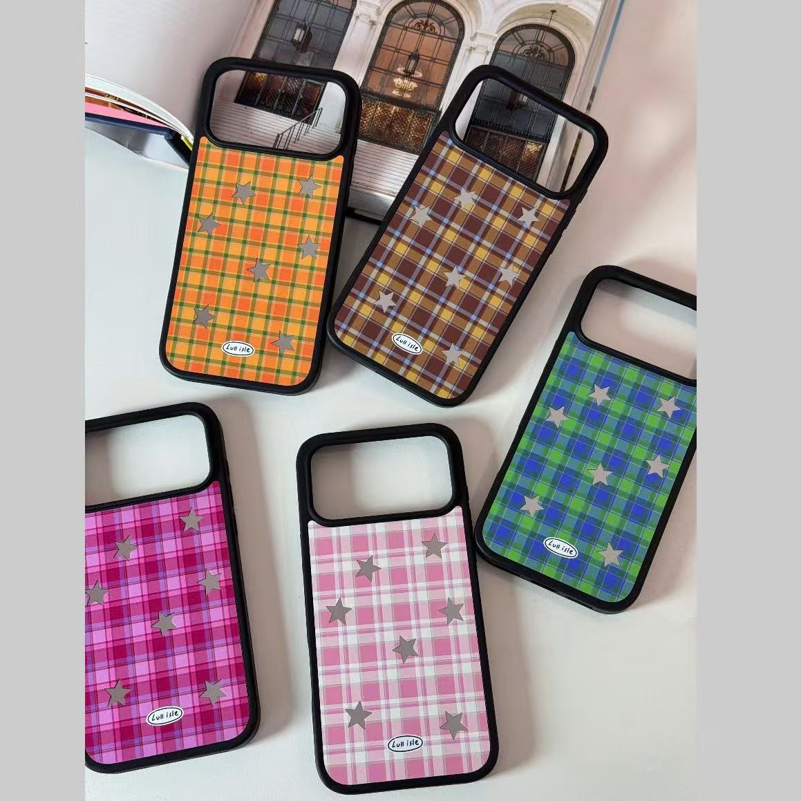 黑边镜面磨砂创意格纹星星适用iPhone17promax手机壳苹果16/15/14