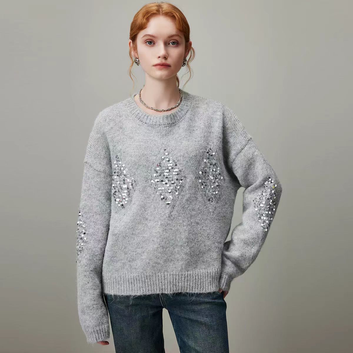 针织宽松毛衣圆领灰色亮片时尚长袖短款落肩袖白色