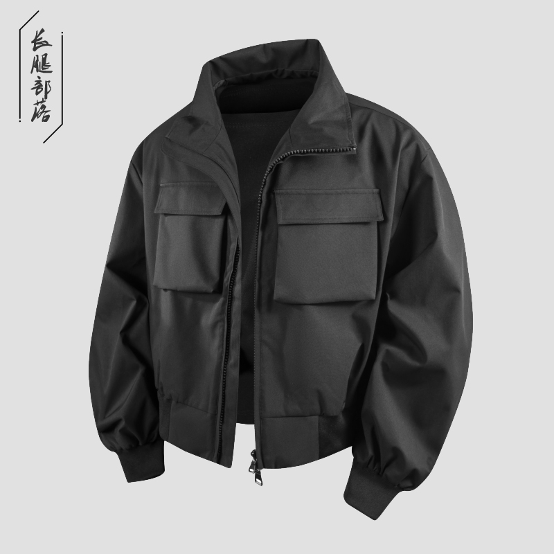 长腿部落美式立领工装教练飞行夹克外套男秋宽松男生硬汉板正上衣