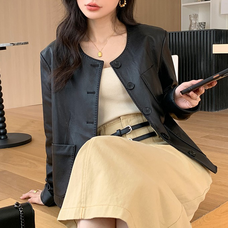 2308真皮皮衣女高定山羊皮秋冬新款休闲真皮皮衣夹克外套短款