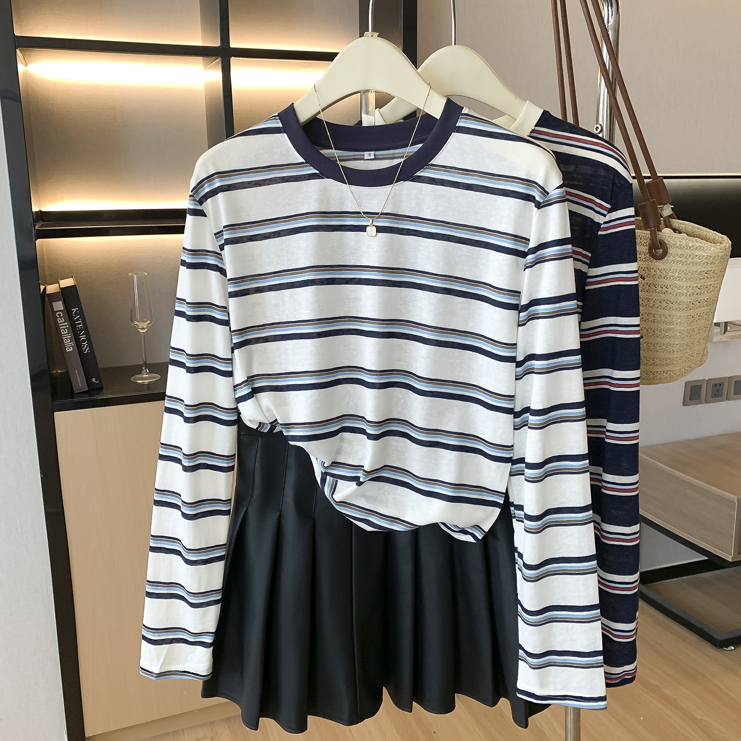 【有6-8的运费补贴】韩系条纹长袖防晒罩衫女宽松慵懒风薄款T恤上衣