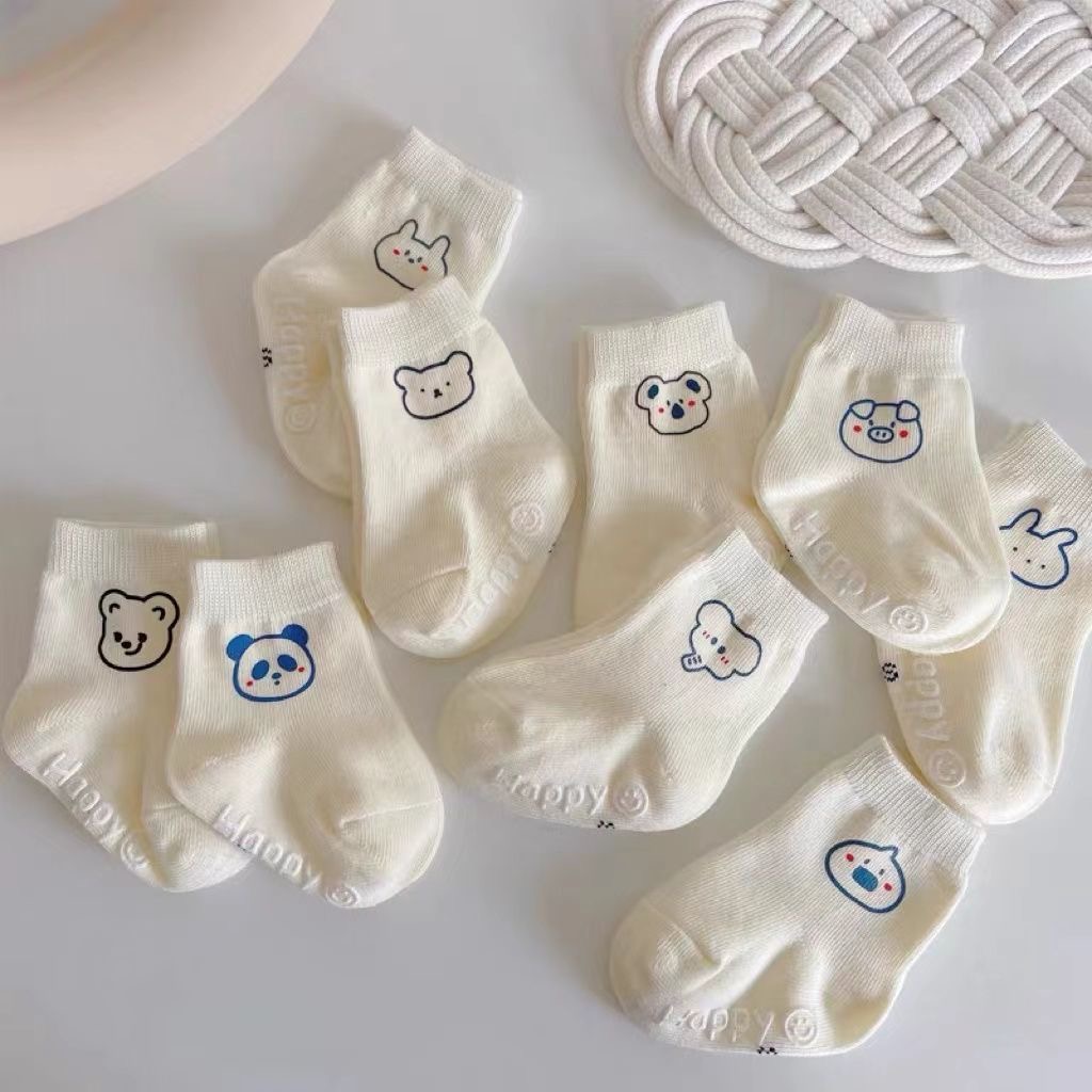 宝宝袜子春秋棉袜白色卡通中筒袜新生婴儿秋冬儿童防滑地板袜男女