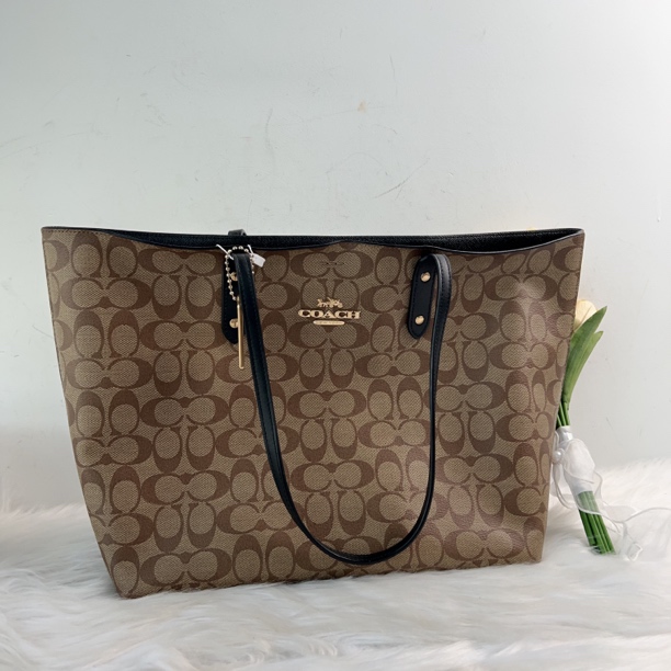 95新 COACH/蔻驰 蔻驰咖色老花购物托特包C1928