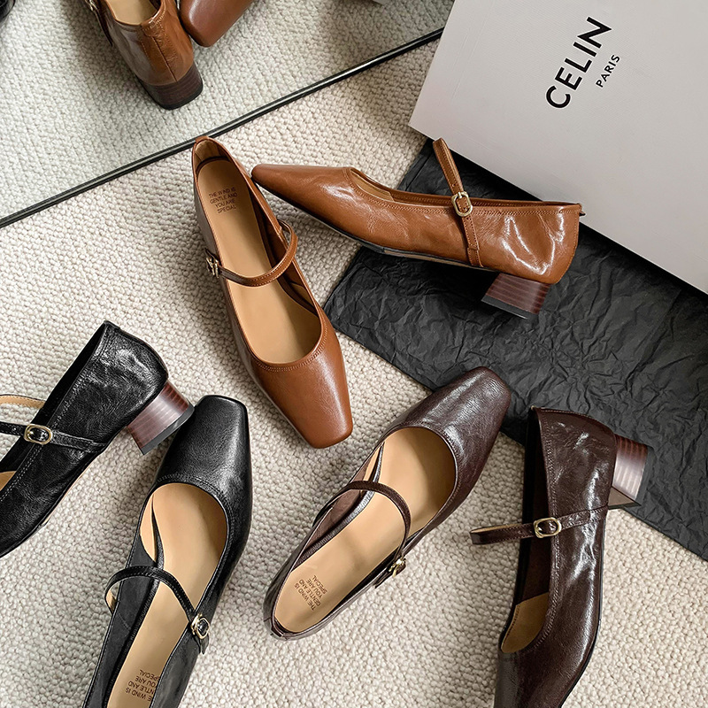 2025新款复古风一字扣带玛丽珍鞋优雅粗跟真皮单鞋女小众法式单鞋