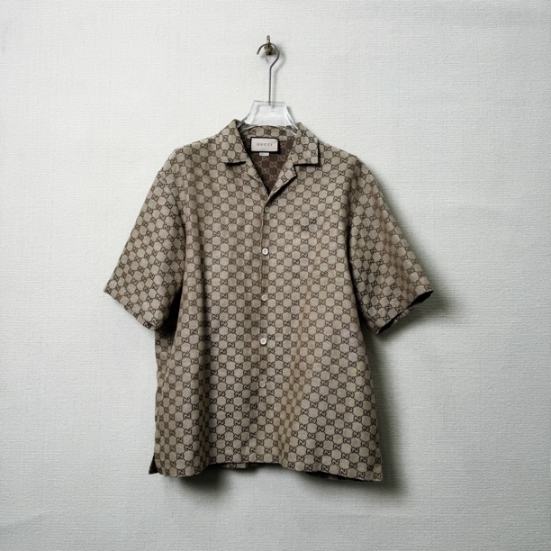 99新 GUCCI/古驰 Logo图案满印短袖衬衫/尺码50