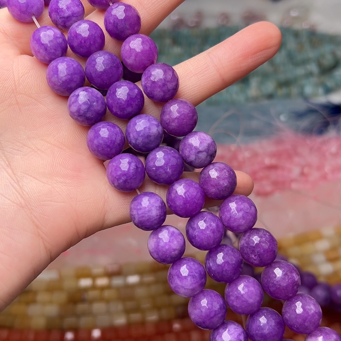 玛瑙/玉髓合金珠宝半成品Y628。12mm紫玉刻面圆珠一条