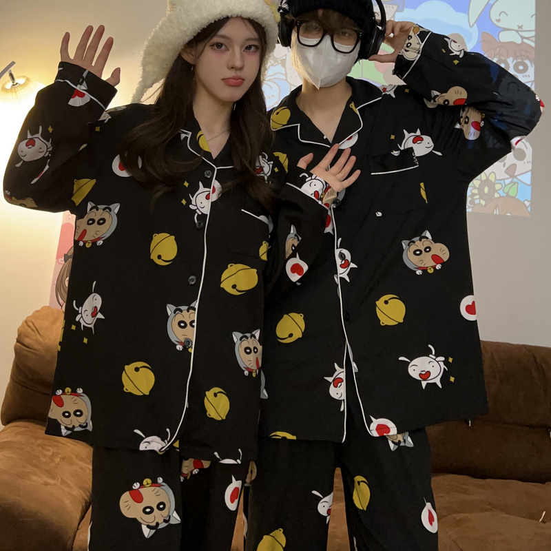 黑色小新情侣睡衣长袖长裤春秋套装一男一女黑色印花卡通可外穿