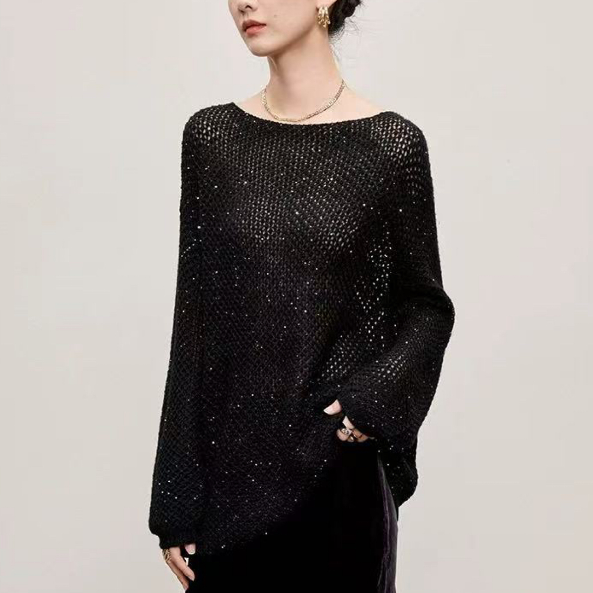 【花花家】设计师款圆领上衣毛针织衫镂空百搭长款（两件套）