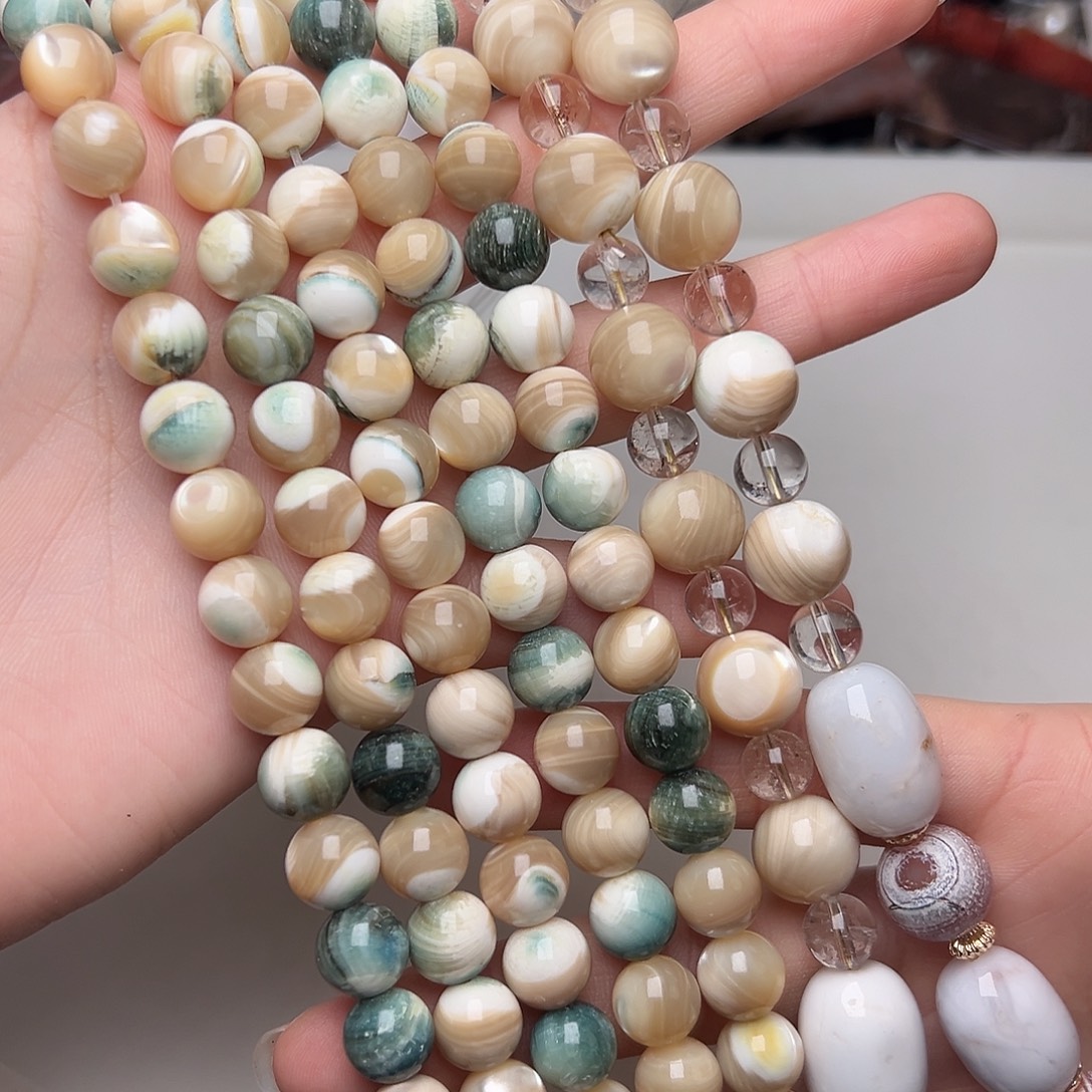 玛瑙/玉髓合金珠宝半成品G216。10mm天然夜光螺圆珠一条