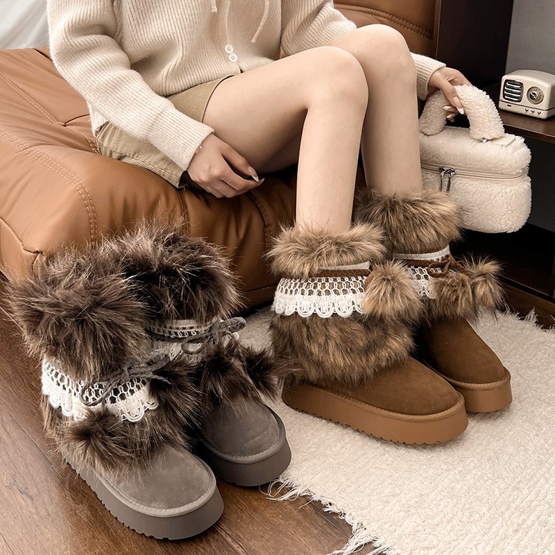 灰色雪地靴女冬季中筒棉靴厚底棉鞋加绒加厚毛毛靴皮毛一体雪地棉