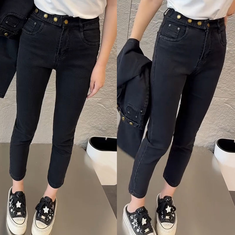 k9877黑色四扣弹力直筒牛仔裤女秋新款高腰显瘦小个子八分烟管裤