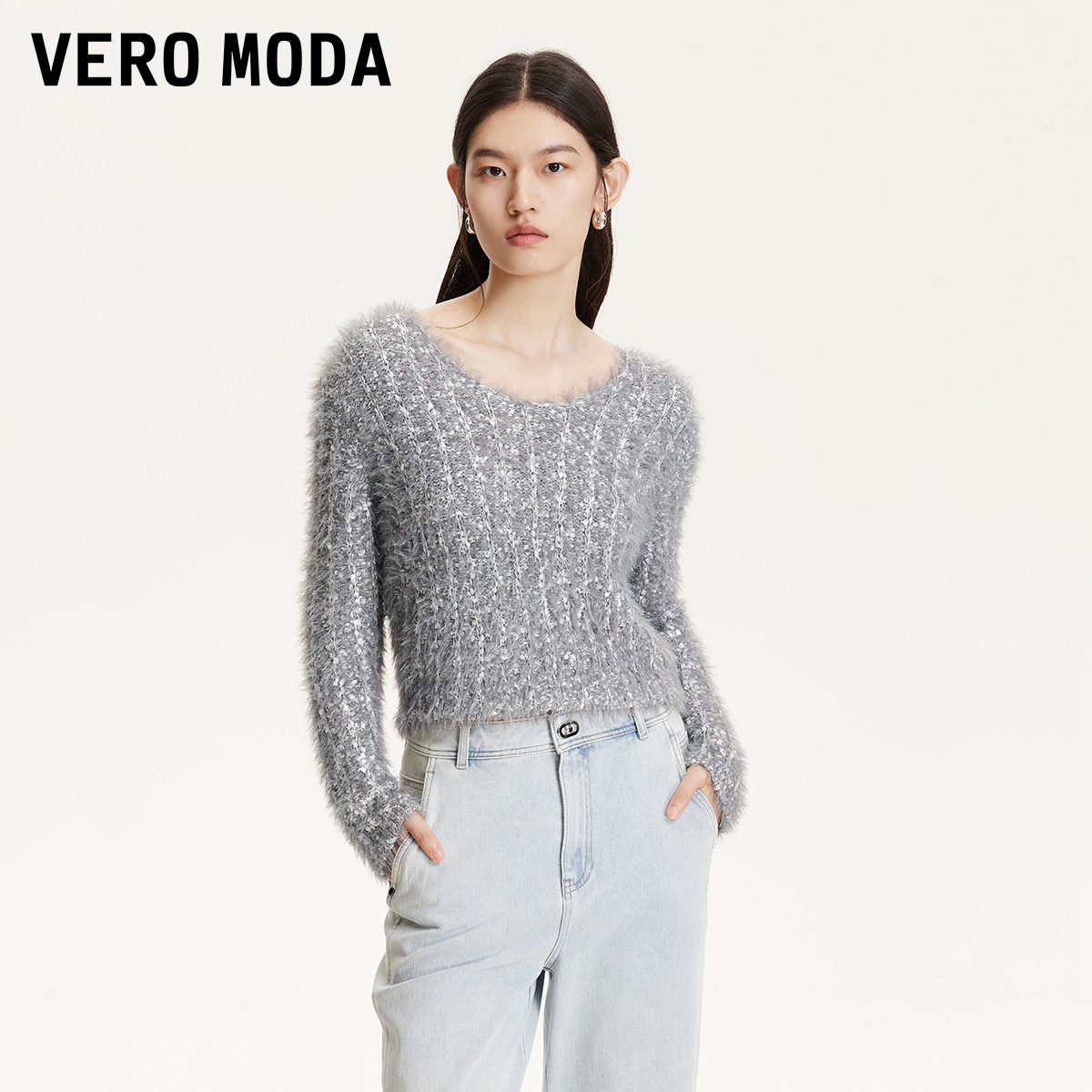 Vero Moda针织衫2025秋冬新款慵懒风镂空圆领纯色上衣时尚百搭