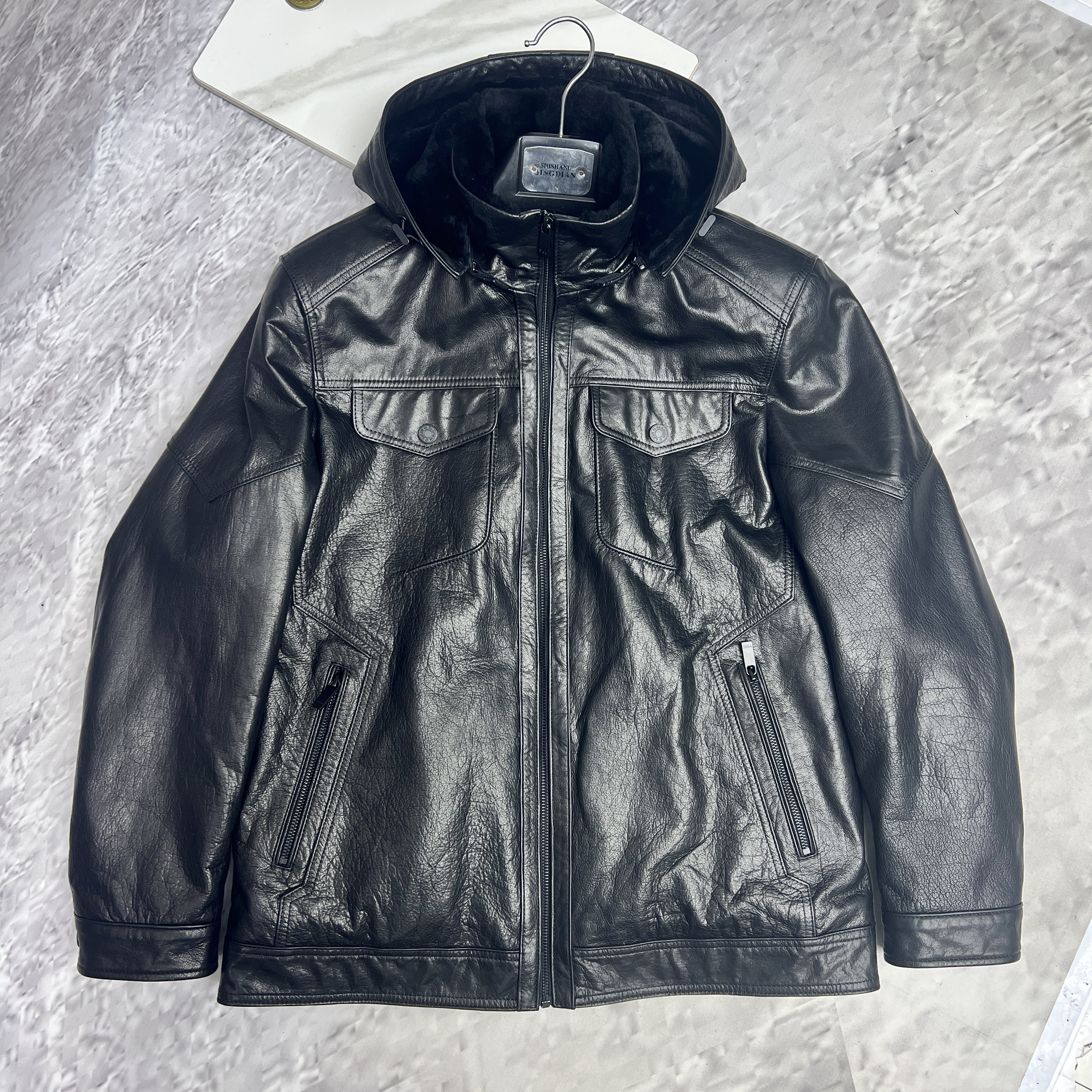 加厚男士牛皮皮衣款蜡染连帽休闲修身型男士