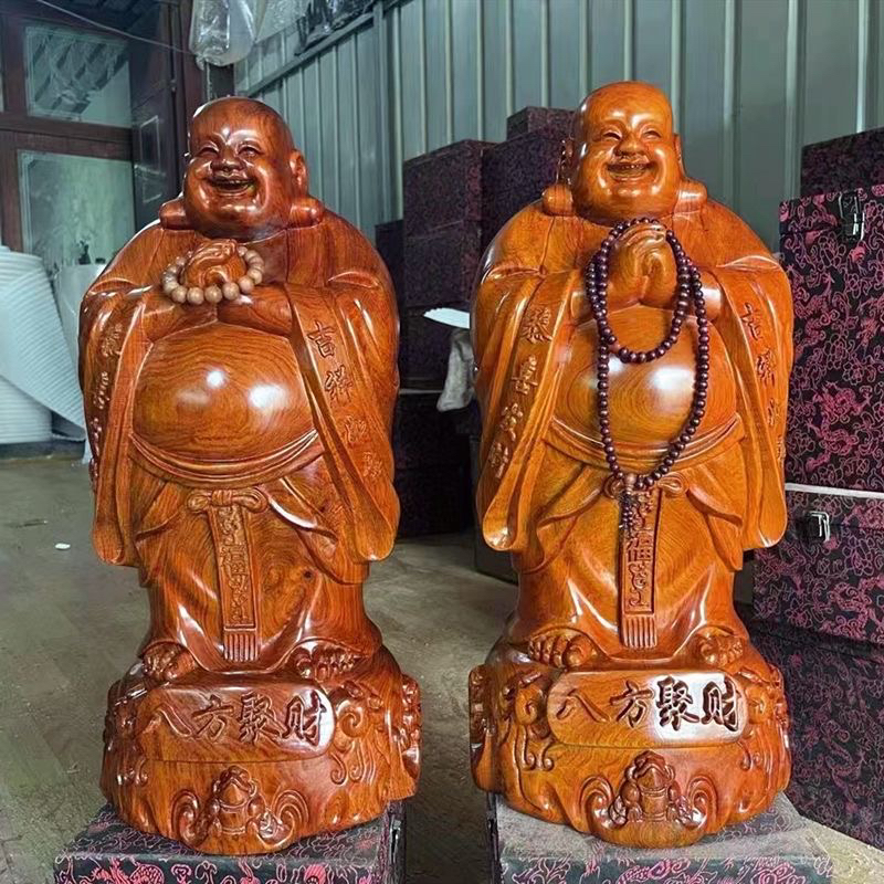 80公分巴西花梨木实木雕刻大肚笑佛客厅电视柜装饰