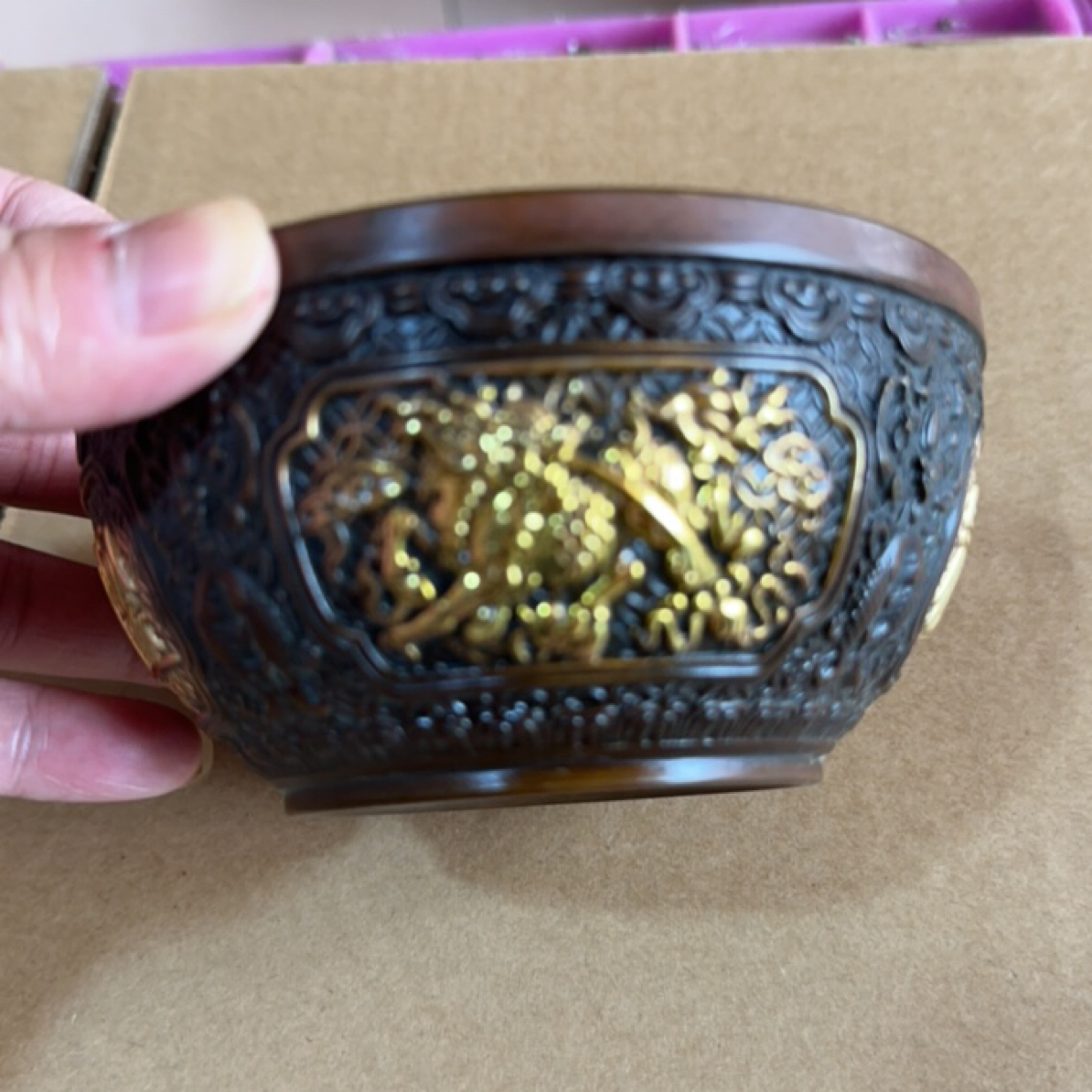 仿古铜麒麟聚宝盆带家居摆件口径约12高约6重量约460