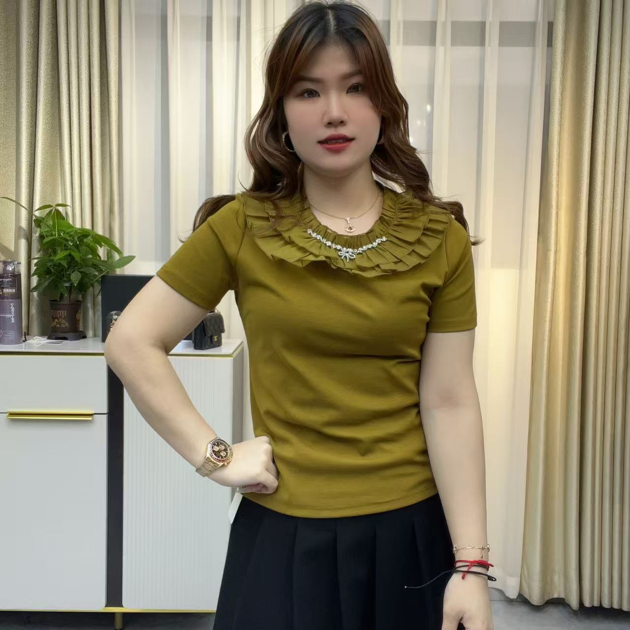 小鑫肝@现货浮力蕾丝花边装饰气质修身百搭T恤 8881