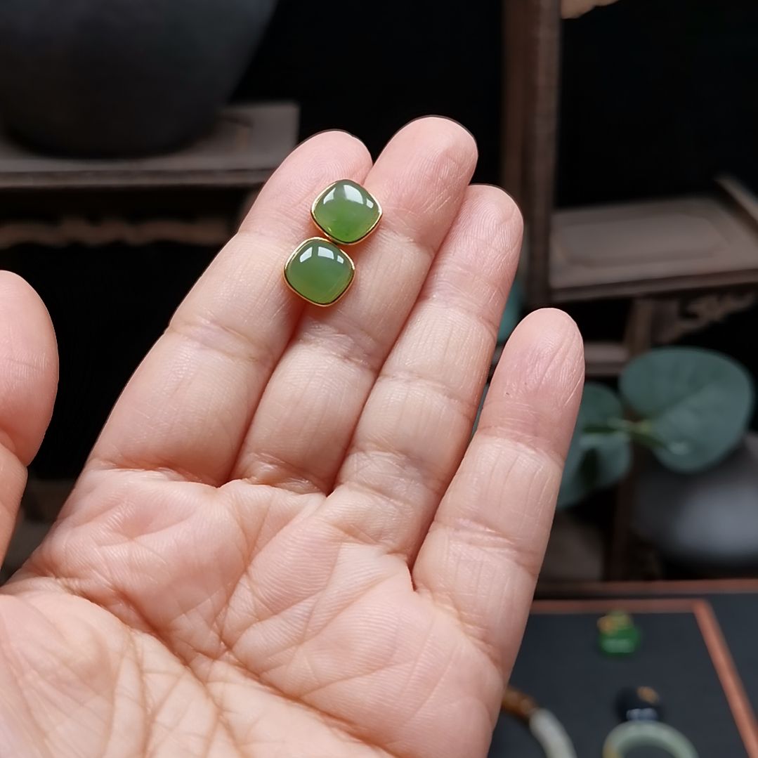 和田玉耳饰银S925镶嵌