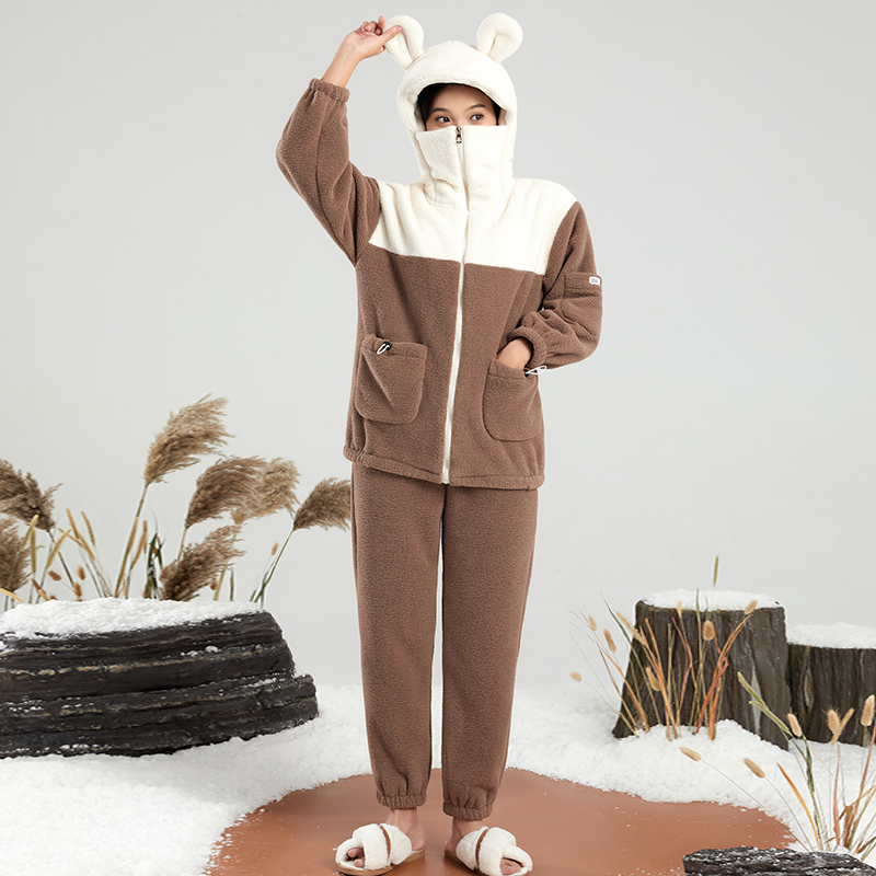 【三合竹衣】珊瑚绒分割戴帽立领保暖套装睡衣家居服