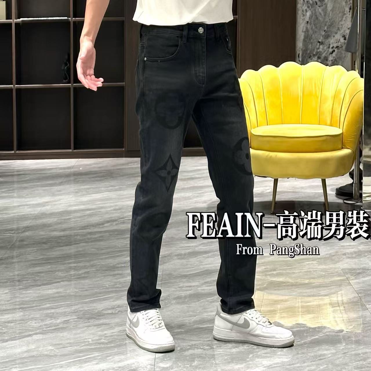 高端秋冬定制男士立体四叶草印花工艺弹力修身牛仔裤2611