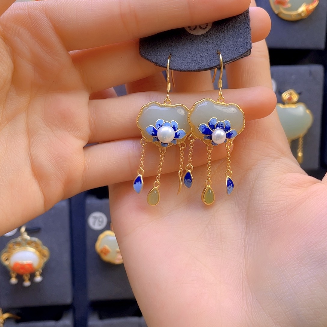 和田玉耳饰银S925镀金镶嵌