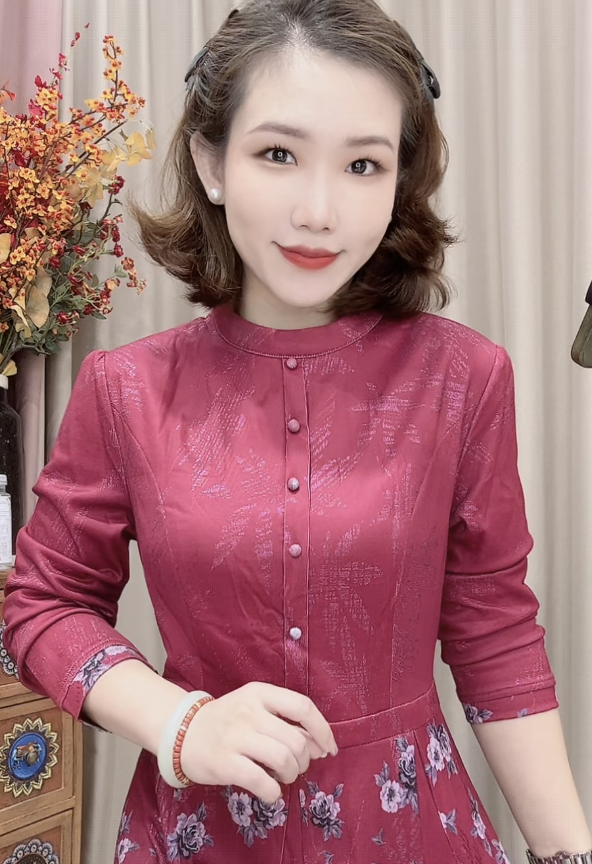 983#妈妈装时尚收腰修身显瘦大裙摆中长裙圆领长袖款女装连衣裙