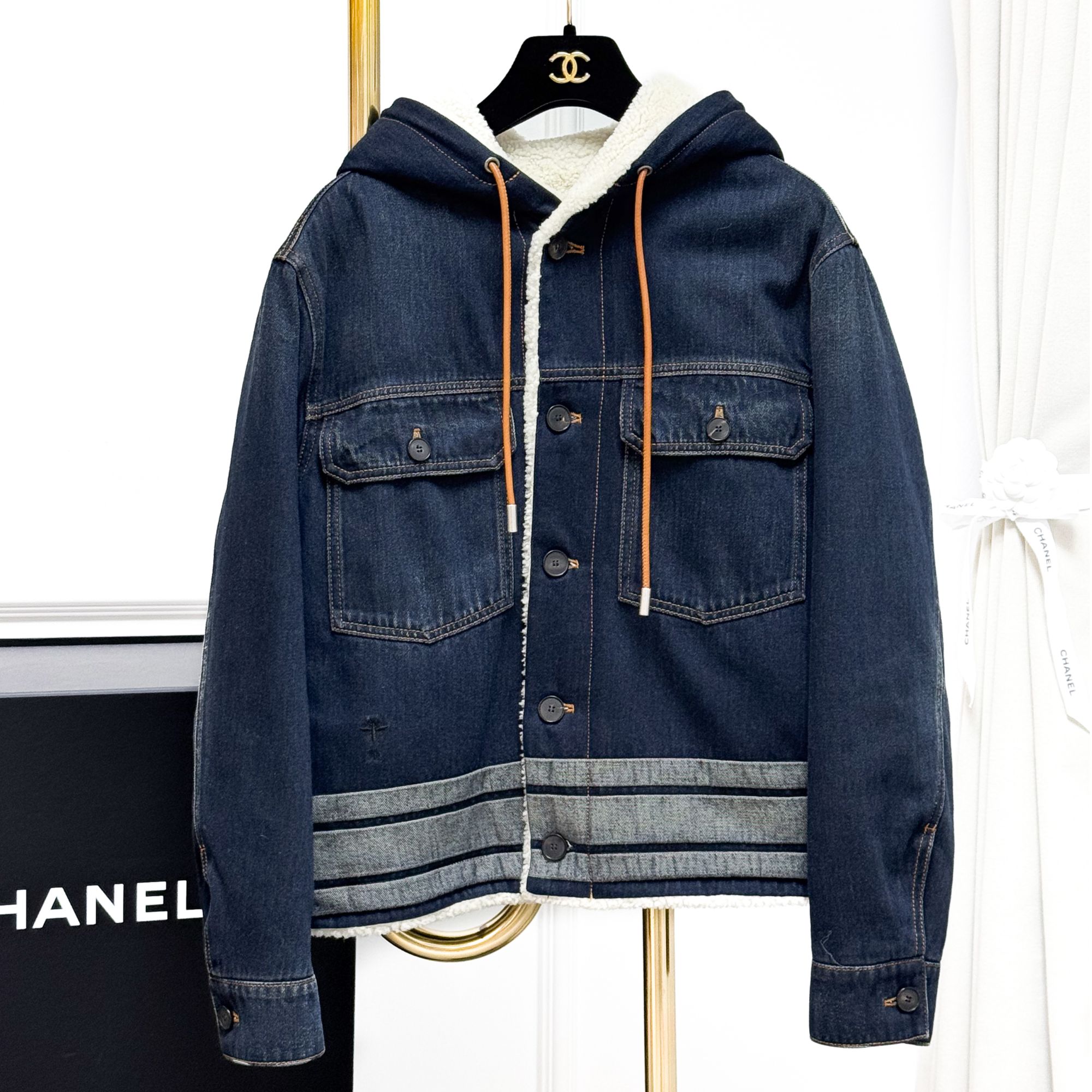 99新 DIOR/迪奥 F34码 深蓝色 内拼羊羔毛 长袖 连帽 牛仔外套