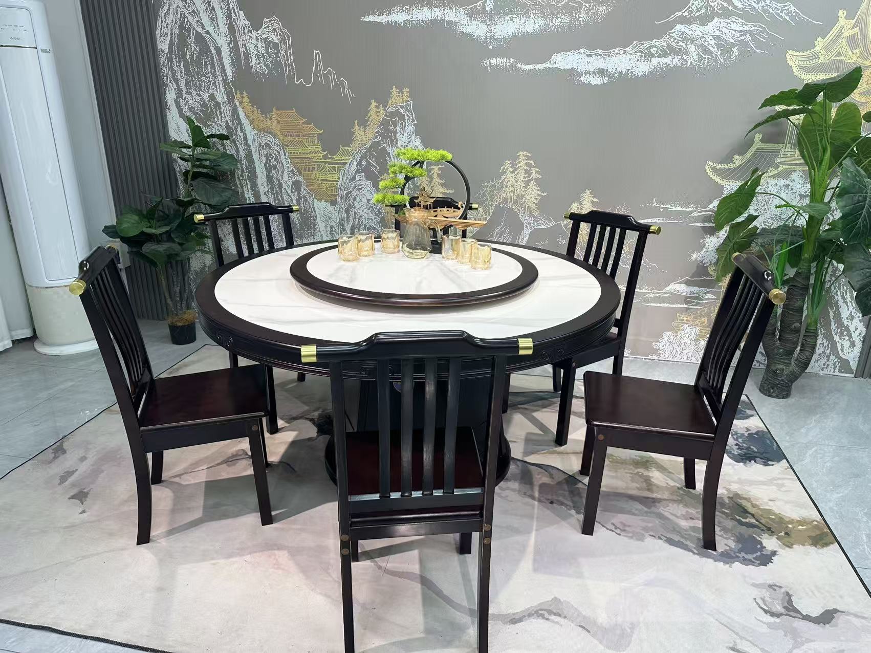 实木餐桌新中式内嵌岩板餐桌家用桌子带转盘新款大圆桌轻奢饭桌子