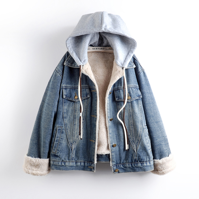 2025秋冬新款加绒加厚牛仔外套女连帽毛毛宽松百搭棉服夹克上衣潮