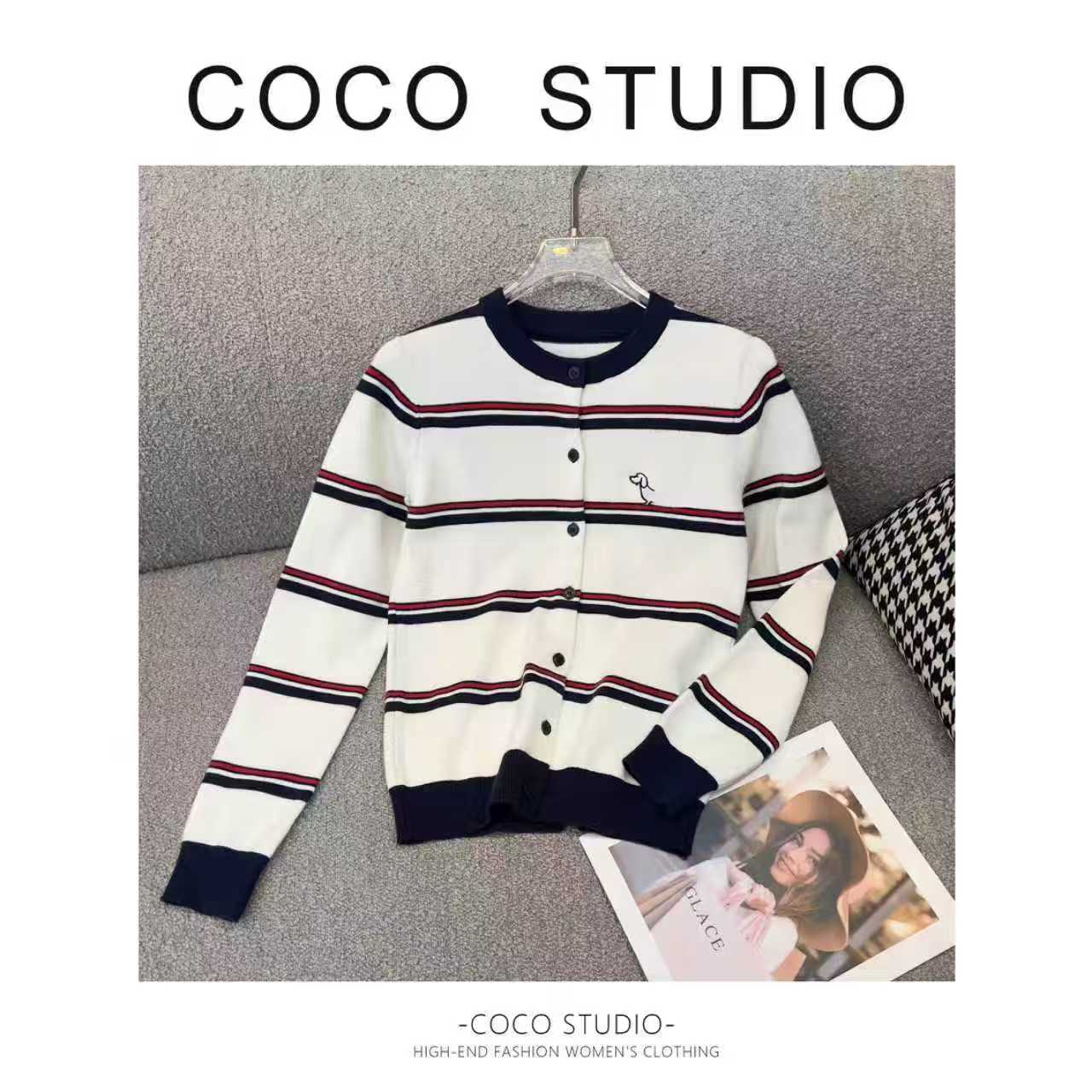 拼色百搭狗韩系条纹针织开衫针织黑白毛针织衫网红DDS129