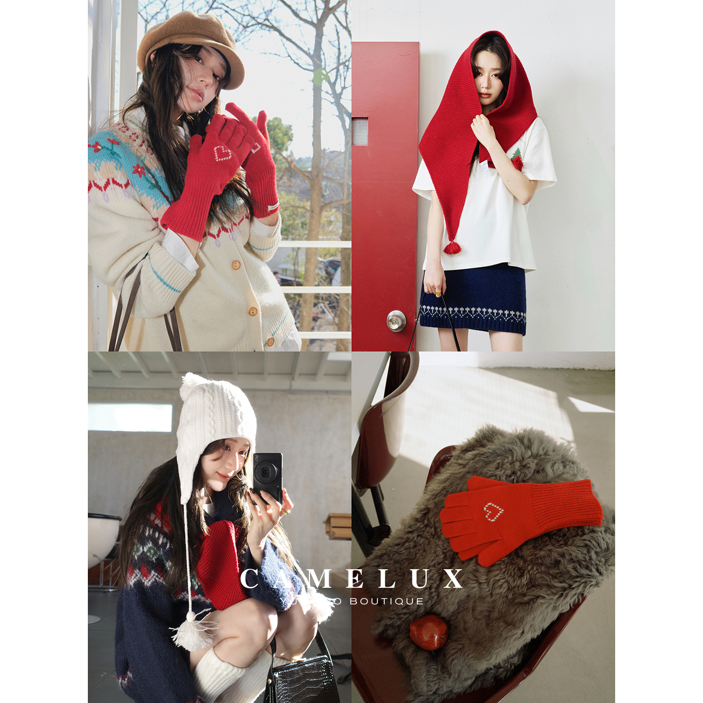 节日氛围感保暖套组 羊毛三角围巾/触屏漏指提花羊毛手套 QJA4018