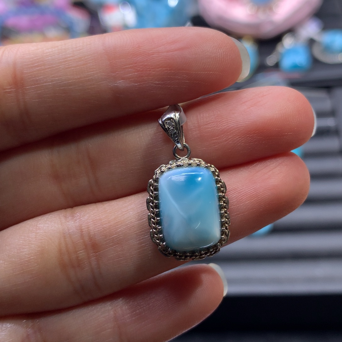 针钠钙石（海纹石）银S925镀金镶嵌颈饰小方糖吊坠色差略异