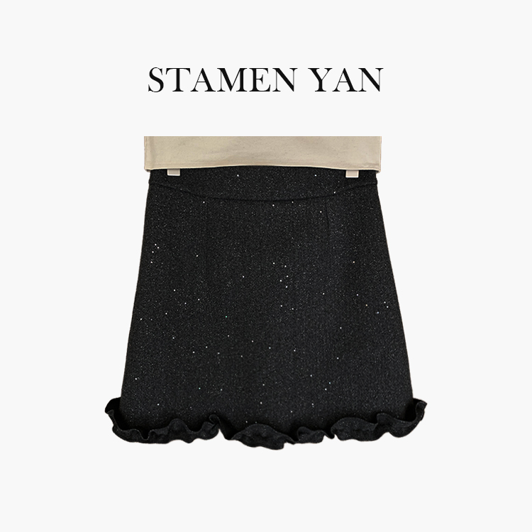 STAMEN YAN“星空闪烁”高腰木耳边闪闪半身裙