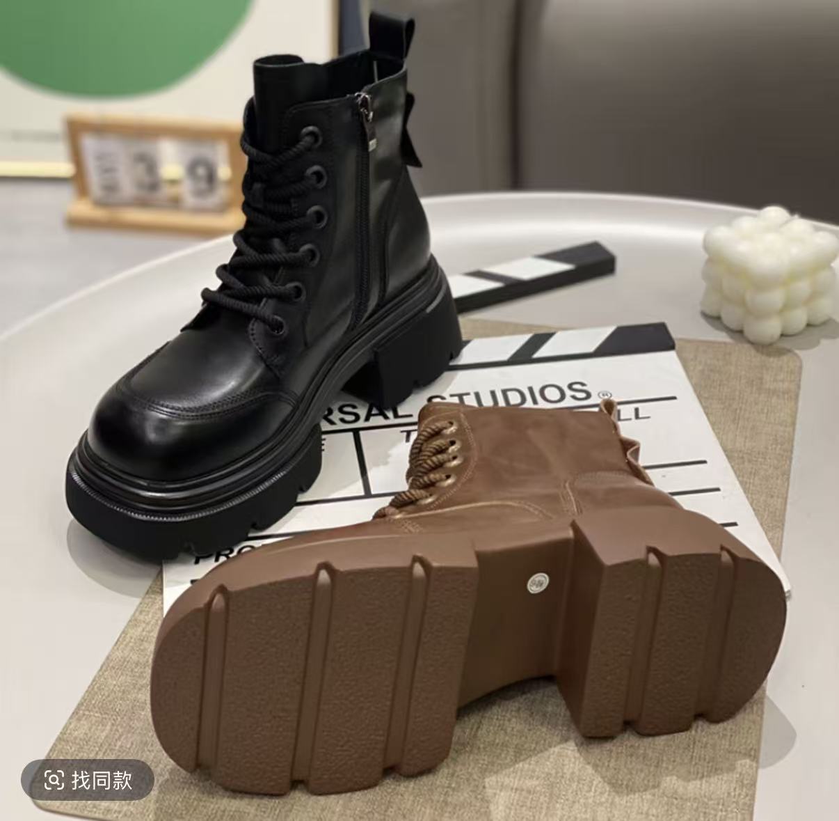 W7568-18英伦风复古厚底马丁靴女新款粗跟显脚小百搭系带圆头