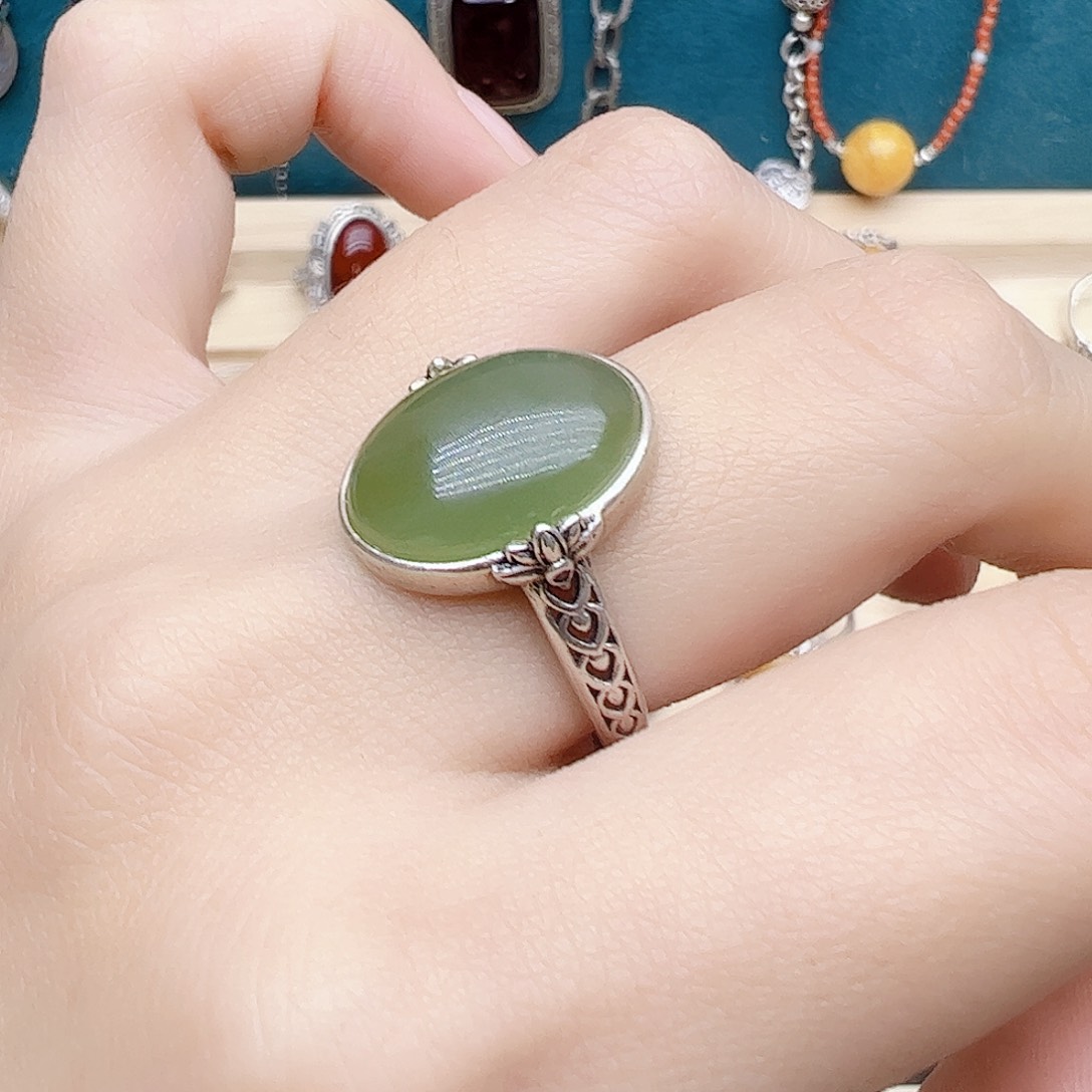 和田玉（青玉）戒指银S925镶嵌