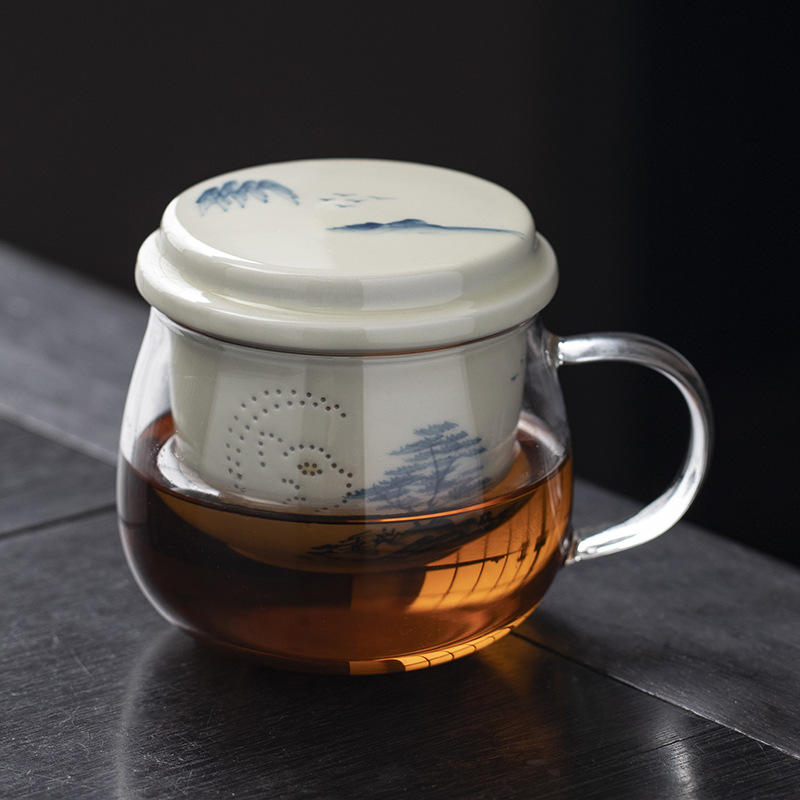 手绘山水茶水分离杯玻璃耐热泡茶杯带盖过滤家用喝茶杯办公室家用