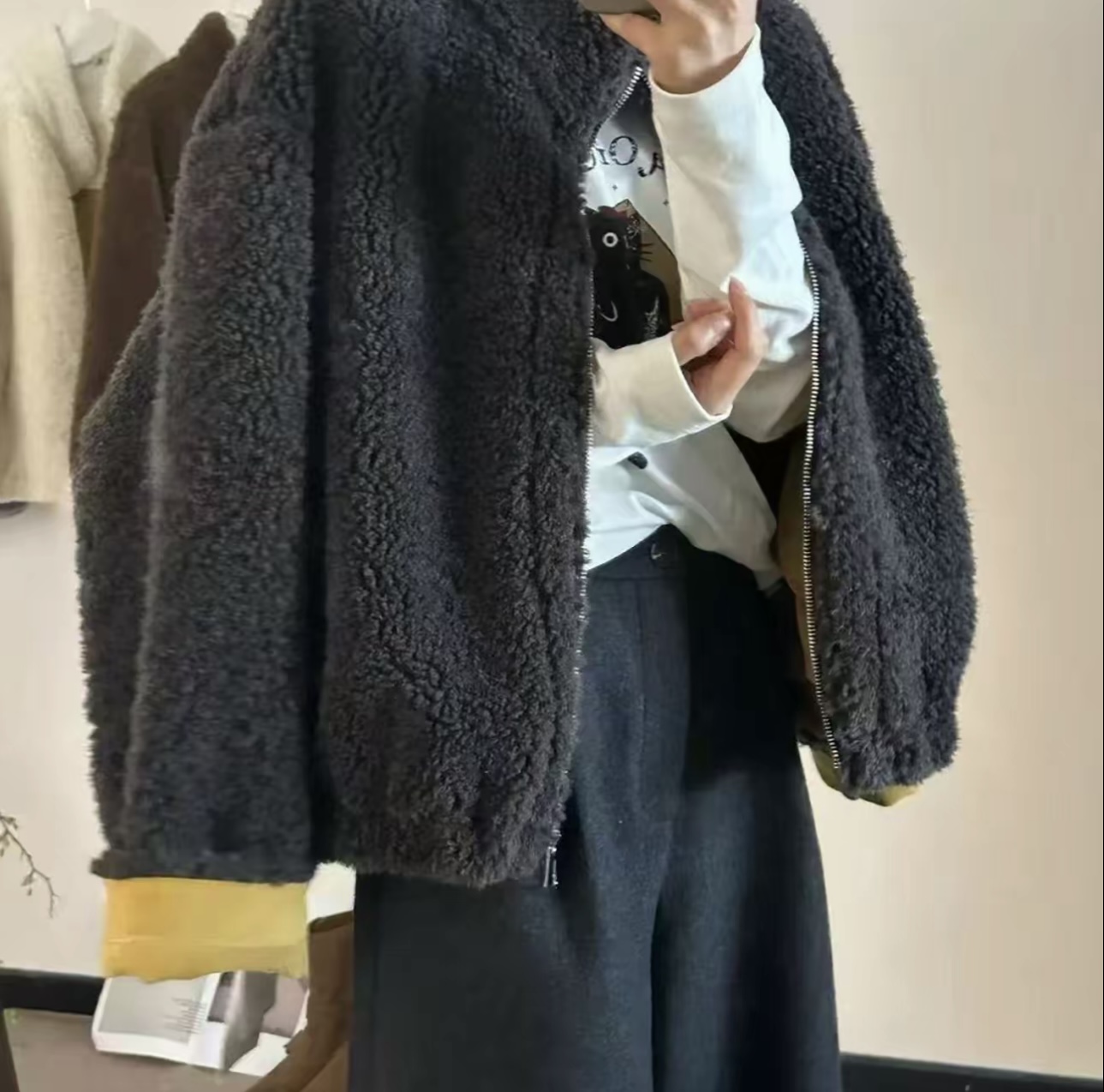 韩系立领仿羊羔毛皮毛一体短款外套女2025秋冬新宽松显瘦减龄上衣