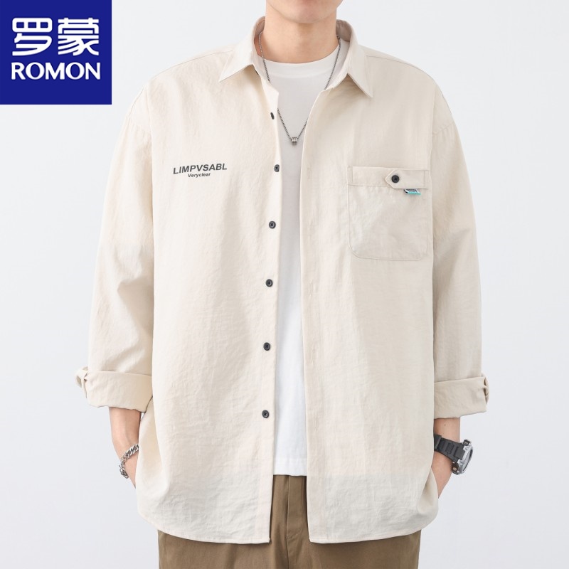 Romon/罗蒙2025春季新款纯色时尚潮流对襟单排扣长袖衬衫柔软舒适