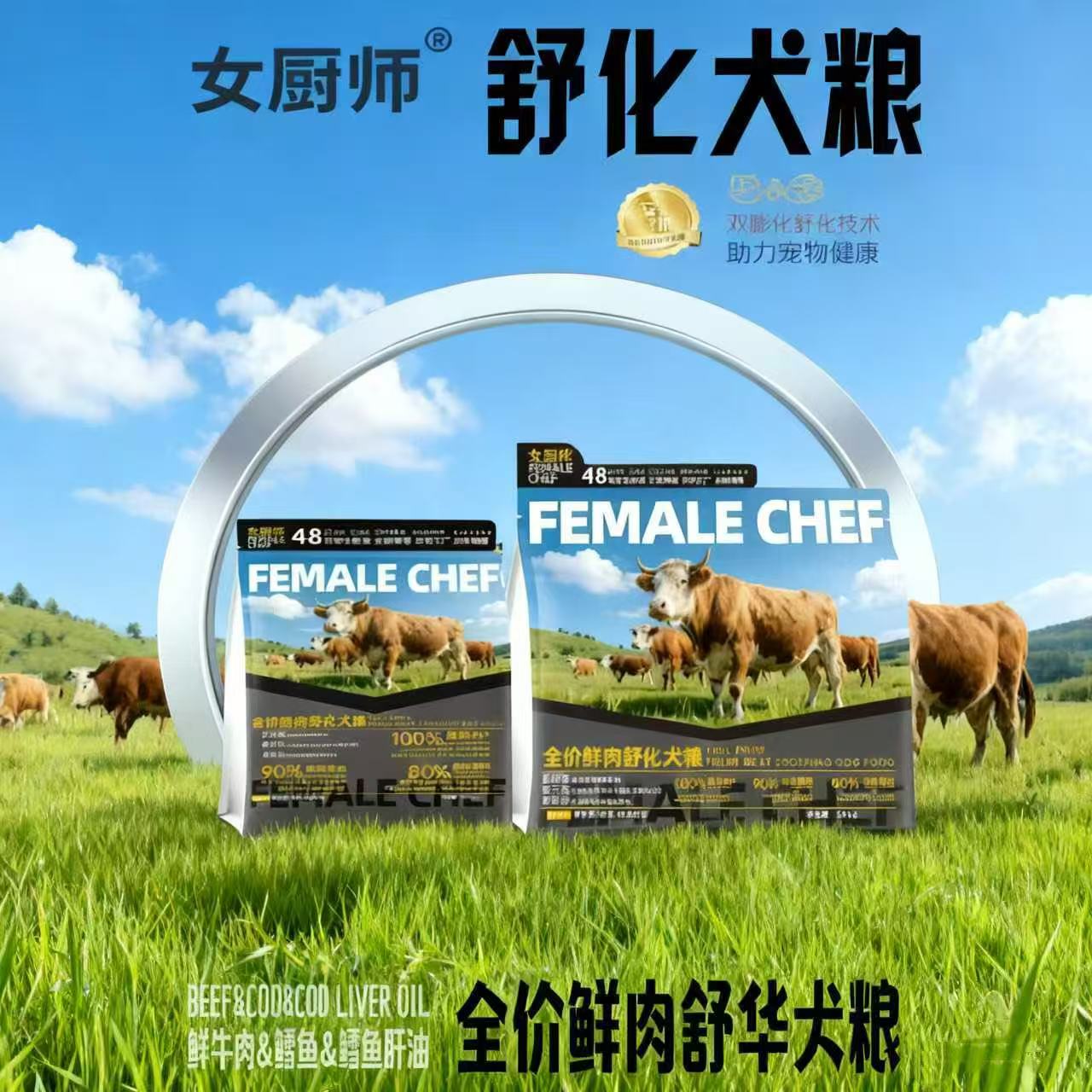 白大厨女厨师系列全价鲜肉冻干犬粮鲜牛肉鳕鱼双膨化舒化全价犬粮
