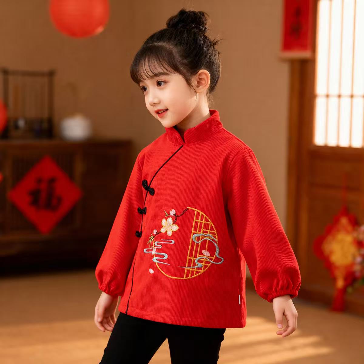 中国风刺绣碎花纯色罩衣反穿衣儿童喜庆外套上衣春秋冬款